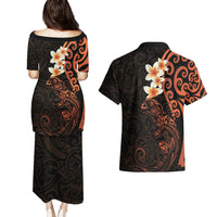 New Zealand Tuatara Plumeria Couples Matching Puletasi and Hawaiian Shirt Maori Orange Koru Tribal Tattoo
