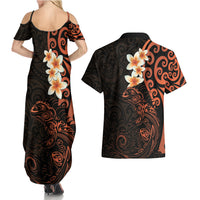 New Zealand Tuatara Plumeria Couples Matching Summer Maxi Dress and Hawaiian Shirt Maori Orange Koru Tribal Tattoo