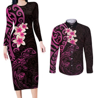 New Zealand Tuatara Plumeria Couples Matching Long Sleeve Bodycon Dress and Long Sleeve Button Shirt Maori Pink Koru Tribal Tattoo