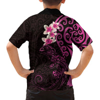 New Zealand Tuatara Plumeria Family Matching Off The Shoulder Long Sleeve Dress and Hawaiian Shirt Maori Pink Koru Tribal Tattoo