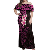 New Zealand Tuatara Plumeria Off Shoulder Maxi Dress Maori Pink Koru Tribal Tattoo
