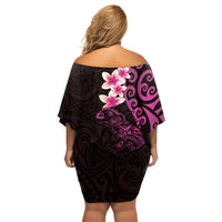 New Zealand Tuatara Plumeria Off Shoulder Short Dress Maori Pink Koru Tribal Tattoo