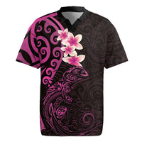 New Zealand Tuatara Plumeria Rugby Jersey Maori Pink Koru Tribal Tattoo
