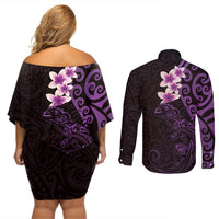 New Zealand Tuatara Plumeria Couples Matching Off Shoulder Short Dress and Long Sleeve Button Shirt Maori Purple Koru Tribal Tattoo