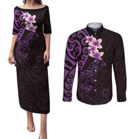 New Zealand Tuatara Plumeria Couples Matching Puletasi and Long Sleeve Button Shirt Maori Purple Koru Tribal Tattoo