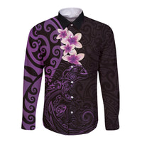 New Zealand Tuatara Plumeria Long Sleeve Button Shirt Maori Purple Koru Tribal Tattoo