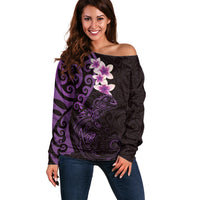 New Zealand Tuatara Plumeria Off Shoulder Sweater Maori Purple Koru Tribal Tattoo