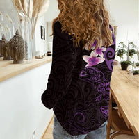 New Zealand Tuatara Plumeria Women Casual Shirt Maori Purple Koru Tribal Tattoo