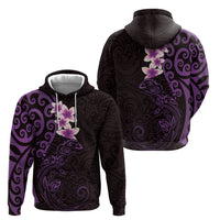 New Zealand Tuatara Plumeria Zip Hoodie Maori Purple Koru Tribal Tattoo