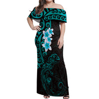 New Zealand Tuatara Plumeria Off Shoulder Maxi Dress Maori Teal Koru Tribal Tattoo