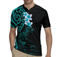 New Zealand Tuatara Plumeria Rugby Jersey Maori Teal Koru Tribal Tattoo