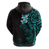 New Zealand Tuatara Plumeria Zip Hoodie Maori Teal Koru Tribal Tattoo