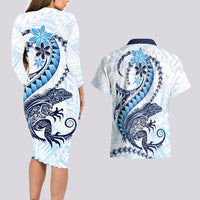 Blue Maori Tuatara Couples Matching Long Sleeve Bodycon Dress and Hawaiian Shirt Luxury Pastel Pattern LT01 - Polynesian Pride