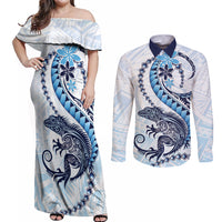 Blue Maori Tuatara Couples Matching Off Shoulder Maxi Dress and Long Sleeve Button Shirt Luxury Pastel Pattern LT01 Blue - Polynesian Pride