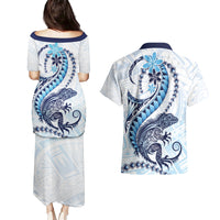 Blue Maori Tuatara Couples Matching Puletasi and Hawaiian Shirt Luxury Pastel Pattern LT01 - Polynesian Pride