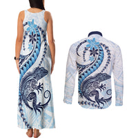 Blue Maori Tuatara Couples Matching Tank Maxi Dress and Long Sleeve Button Shirt Luxury Pastel Pattern LT01 - Polynesian Pride