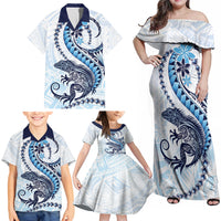 Blue Maori Tuatara Family Matching Off Shoulder Maxi Dress and Hawaiian Shirt Luxury Pastel Pattern LT01 - Polynesian Pride
