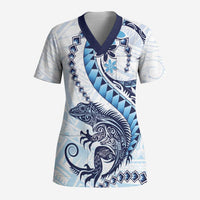 Blue Maori Tuatara Scrub Top Luxury Pastel Pattern - Polynesian Pride
