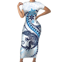 Blue Maori Tuatara Short Sleeve Bodycon Dress Luxury Pastel Pattern
