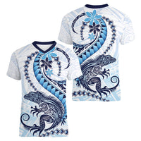 Blue Maori Tuatara Women V-Neck T-Shirt Luxury Pastel Pattern