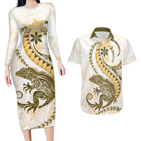 Gold Maori Tuatara Couples Matching Long Sleeve Bodycon Dress and Hawaiian Shirt Luxury Pastel Pattern LT01 Gold - Polynesian Pride
