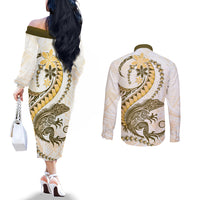 Gold Maori Tuatara Couples Matching Off The Shoulder Long Sleeve Dress and Long Sleeve Button Shirt Luxury Pastel Pattern LT01 - Polynesian Pride