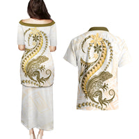 Gold Maori Tuatara Couples Matching Puletasi and Hawaiian Shirt Luxury Pastel Pattern LT01 - Polynesian Pride