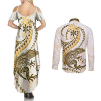 Gold Maori Tuatara Couples Matching Summer Maxi Dress and Long Sleeve Button Shirt Luxury Pastel Pattern LT01 - Polynesian Pride