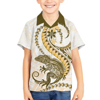 Gold Maori Tuatara Family Matching Long Sleeve Bodycon Dress and Hawaiian Shirt Luxury Pastel Pattern LT01 Son's Shirt Gold - Polynesian Pride