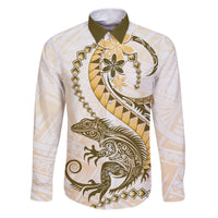 Gold Maori Tuatara Family Matching Puletasi and Hawaiian Shirt Luxury Pastel Pattern LT01 Dad's Shirt - Long Sleeve Gold - Polynesian Pride