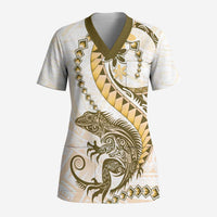 Gold Maori Tuatara Scrub Top Luxury Pastel Pattern - Polynesian Pride