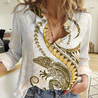 Gold Maori Tuatara Women Casual Shirt Luxury Pastel Pattern