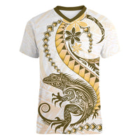 Gold Maori Tuatara Women V-Neck T-Shirt Luxury Pastel Pattern
