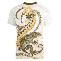 Gold Maori Tuatara Women V-Neck T-Shirt Luxury Pastel Pattern