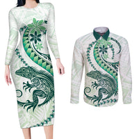Green Maori Tuatara Couples Matching Long Sleeve Bodycon Dress and Long Sleeve Button Shirt Luxury Pastel Pattern LT01 Green - Polynesian Pride