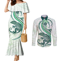 Green Maori Tuatara Couples Matching Mermaid Dress and Long Sleeve Button Shirt Luxury Pastel Pattern LT01 Green - Polynesian Pride