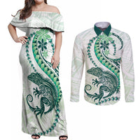 Green Maori Tuatara Couples Matching Off Shoulder Maxi Dress and Long Sleeve Button Shirt Luxury Pastel Pattern LT01 Green - Polynesian Pride