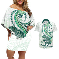 Green Maori Tuatara Couples Matching Off Shoulder Short Dress and Hawaiian Shirt Luxury Pastel Pattern LT01 Green - Polynesian Pride
