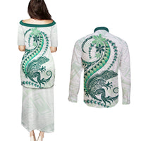Green Maori Tuatara Couples Matching Puletasi and Long Sleeve Button Shirt Luxury Pastel Pattern LT01 - Polynesian Pride