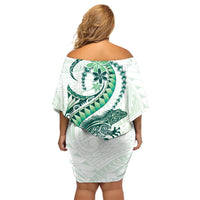 Green Maori Tuatara Off Shoulder Short Dress Luxury Pastel Pattern LT01 - Polynesian Pride