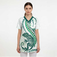 Green Maori Tuatara Scrub Top Luxury Pastel Pattern - Polynesian Pride