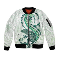Green Maori Tuatara Sleeve Zip Bomber Jacket Luxury Pastel Pattern LT01 Unisex Green - Polynesian Pride