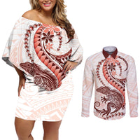 Red Maori Tuatara Couples Matching Off Shoulder Short Dress and Long Sleeve Button Shirt Luxury Pastel Pattern