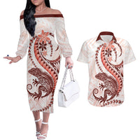 Red Maori Tuatara Couples Matching Off The Shoulder Long Sleeve Dress and Hawaiian Shirt Luxury Pastel Pattern