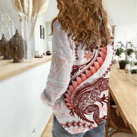 Red Maori Tuatara Women Casual Shirt Luxury Pastel Pattern