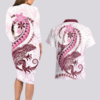 Pink Maori Tuatara Couples Matching Long Sleeve Bodycon Dress and Hawaiian Shirt Luxury Pastel Pattern LT01 - Polynesian Pride
