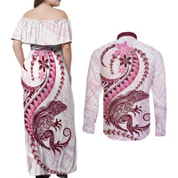 Pink Maori Tuatara Couples Matching Off Shoulder Maxi Dress and Long Sleeve Button Shirt Luxury Pastel Pattern LT01 - Polynesian Pride