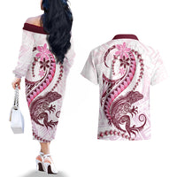 Pink Maori Tuatara Couples Matching Off The Shoulder Long Sleeve Dress and Hawaiian Shirt Luxury Pastel Pattern LT01 - Polynesian Pride