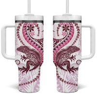 Pink Maori Tuatara Tumbler With Handle Luxury Pastel Pattern LT01 One Size: 40 oz Pink - Polynesian Pride