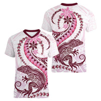 Pink Maori Tuatara Women V-Neck T-Shirt Luxury Pastel Pattern